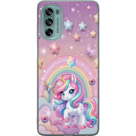 Kompatibel Mobilcover til Motorola Moto G62 5G Magisk enhjørning med regnbue manke, stjerner og sommerfugle mod en pastelfarvet himmel med skyer