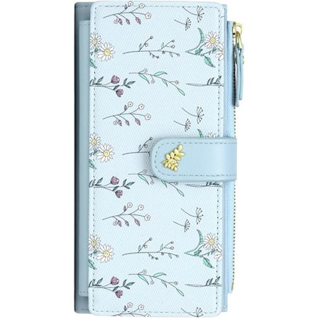 ING Dame Lommebok i Ekte Skinn, Lang Brettelommebok med Glidelåslukking, Slank Design, Blomstermønster, Myntlomme og ID-vindu, Blå