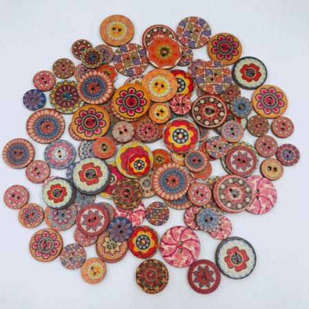 100 antiikkia pyöreää puunappia 20mm väripainatus kaksi silmää puu b