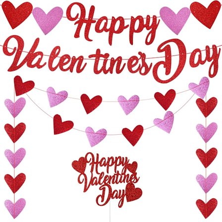 ING Valentinsdag Dekoration 5 Stykker med Glimmerguirlander Hjerte Dekoration Krans og Kage Topper til Fest Bryllup Forlovelse Jubilæum