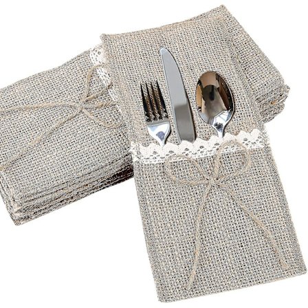 20 stk bestikkholderpose i lerret med blonder, bestikkpose i jute, vintage dekorasjon, bordutstyr, bryllupsfest, jule dåp, knute jute