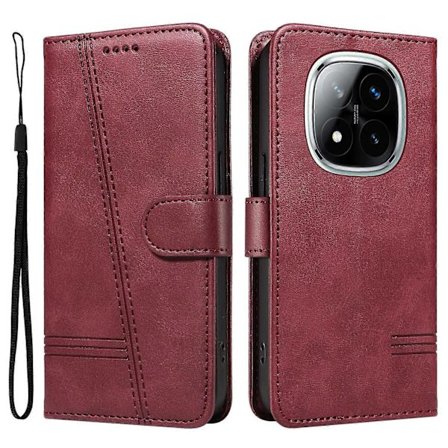 Xiaomi Redmi Note 14 Pro 5G 14 Pro+ 5G -puhelimen kääntölompakkokotelo T-muotoisilla viivoilla, nahkainen suojakuori – Viininpunainen