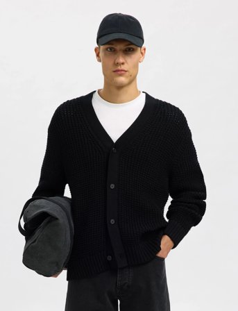 Selected Slhdereck Ls Knit Struc Relaxed Cardigan - Black - L
