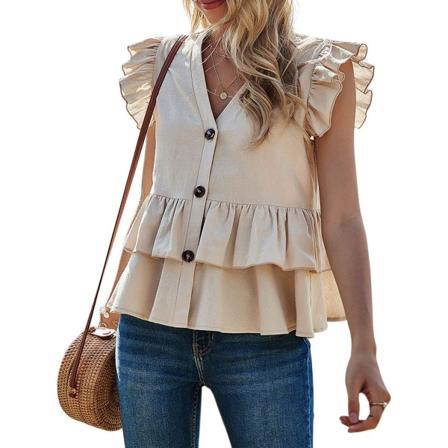 ivimos Dam Sommar Ärmlös V-hals Knapp Upp Volanger Bomull Blus Toppar Khaki Liten