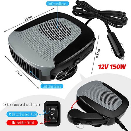 Bilfläktvärmare 12V 150W Bärbar Bilvärmare Defroster, 3 i 1 Värmare för Bil