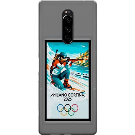 Kompatibelt Mobildeksel til Sony Xperia 1 Retroplakat Cortina Milano 2026 med fjell, vintersportsutøvere, italienske trikolor, Milano-katedralen og ol