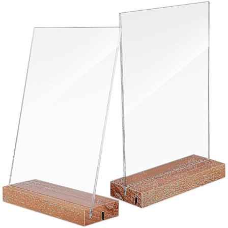 2 stk. blanke akrylplader med træstativer til bordnumre, menukort, bryllupsskilte, citater