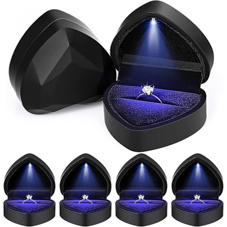 4 stk. Hjerteformet Ringboks med LED-lys, Svart Ring Gaveeske Ringetui Hjerteformet Smykkeskrin Bryllupssmykkeskrin for Frieri Forlovelse Bursdag