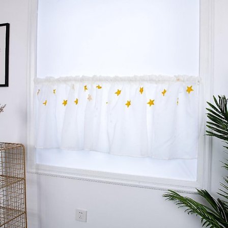 Kort køkkengardin til vindue med gule stjerner, kompatibel med skabsbroderi