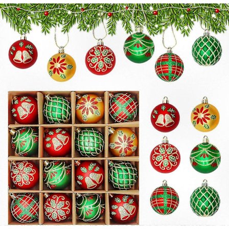 16 stk. Festlige Kuledekorasjoner, Hengende Julekuler Ornamenter til Juletre i Rødt og Grønt