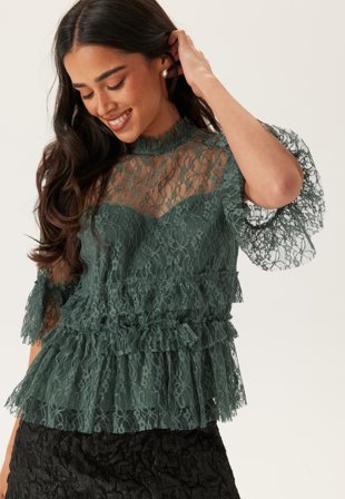 Bubbleroom - Frill Lace Blouse - Green - Kläder