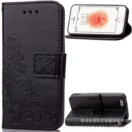 Etui til iPhone 13 Mini sort firkløver præget kortslot pung læder