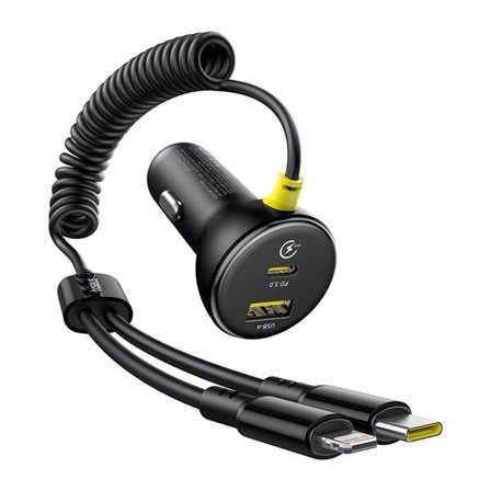 Baseus Biloplader med USB-C og USB + belysning og USB-C-kabel PD 60W - Sort