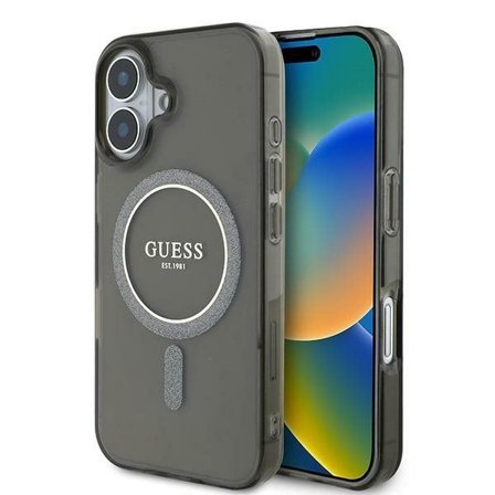 Guess IML Glitter Circle MagSafe-etui for iPhone 16 - svart
