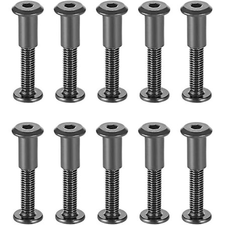 Pakke med 10 M6 x35mm festebolter med tilhørende muttere, hylsemutter med sekskanthull, rundt hode i svart karbonstål, egnet for lær