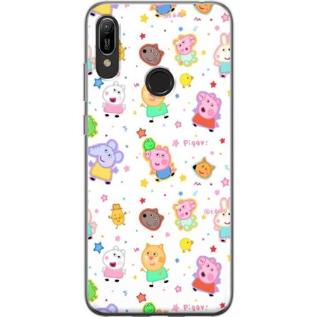 Kompatibel Mobilcover til Huawei Y6 (2019) Farverige tegneserie dyrekarakterer i en legende stil med stjerner og prikker på en lys baggrund