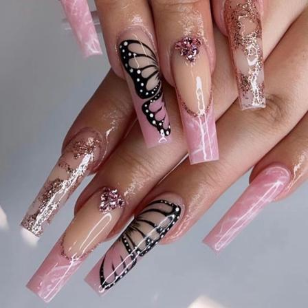 Naken rosa rhinestones sommerfugl falske negler, lange sommerfugl rosa