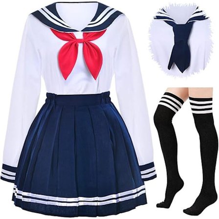 Japansk skoleuniform sømandskostume marineblå plisseret nederdel anime cosplay-kostume med strømper - Størrelse 2XL