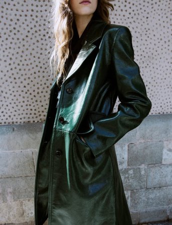 Mango Long Faux-Leather Coat - Green - M