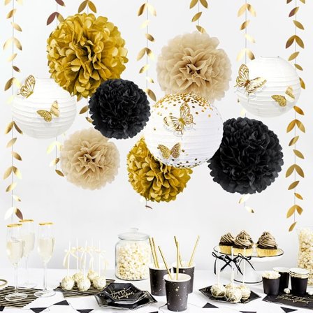 Svart och vit guld silkespapper Pom Poms - Set om 18 för fest