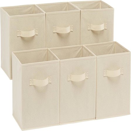 Sæt med 6 sammenklappelige opbevaringskasser i stof med håndtag, 26,6 x 26,6 x 27,9 cm, ensfarvet beige