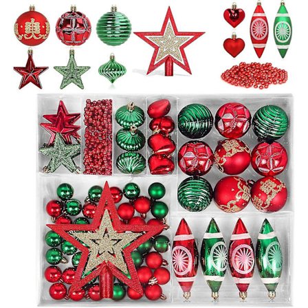 Punaiset ja vihreät joulupallot, 74 kappaleen joulukoristesarja joulukuusen pallot kultaisella joulukuusen tähtikoristeella, joulukuusen koristeet