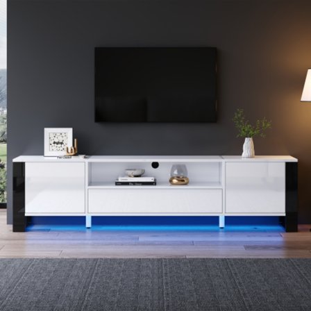 Modern högglansig vit TV-bänk med LED-belysning och förvaringsutrymme 178 cm, för upp till 70 tums TV-apparater