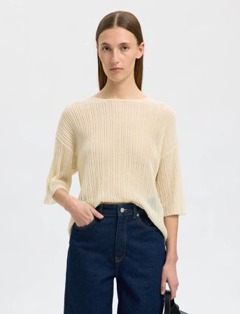 Selected Slflea 2/4 Knit O-Neck - Cream - L