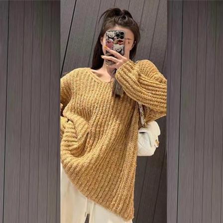 Kvinder Strik Efterår Vinter Sweater Løs Stor version Enkel mellemlang langærmet V-hals Løs Yellow M