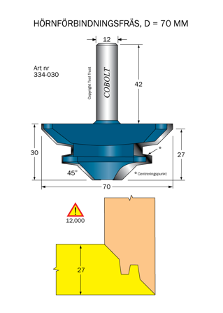 Cobolt 334-030 Hjørnefugefres 45° D=70 L=30 TL=72 S=12, Maskintilbehør & forbruk