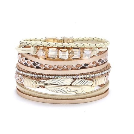 WABJTAM Lädermanschett Armband Set Flerskikts Wrap Armband Kristall Fjäder Trä Armband Magnetiskt Spänne Armband för Kvinnor
