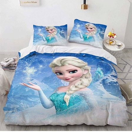 Farge 1 Elsa 3D Tegneserie Frozen Trykt Sengetøysett Dynetrekk Dynetrekk Putevar Barn{jkw} (AU enkelt 140x210cm )
