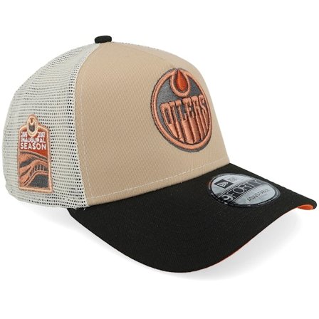 New Era - NHL Beige Trucker Cap - Hatstore Exclusive x Edmonton Oilers 9FORTY Camel/Stone/Black A-Frame Trucker @ Hatstore