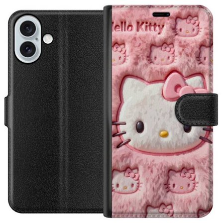 Kompatibelt Lommeboketui til Apple iPhone 16 Plus Hello Kitty rosa fluffy bakgrunn med ikoniskt ansikt og kawaii-estetikk