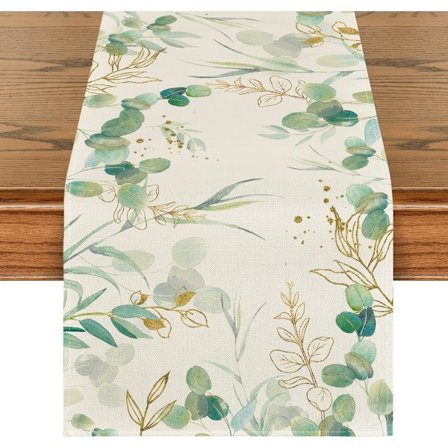 Green Eucalyptus Leaves Summer Table Runner, Seasonal Wedding and Kitchen Table Decoration for Home Party Decoration 33x183 cm