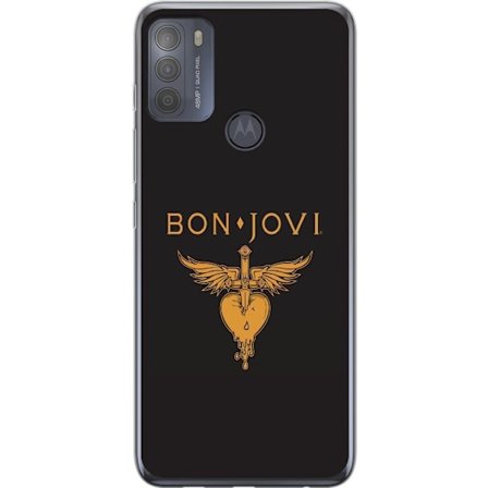 Kompatibelt Mobilskal till Motorola Motorola Moto G50 Ikonisk musikillustration med bevingat hjärta och dolk i guldtoner på mörk bakgrund, kraftful