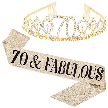 "70 og Fantastisk" Sash & Rhinestone Tiara Set - 70-årsdag Sash 70-årsdag Gaver Festartikler, gull