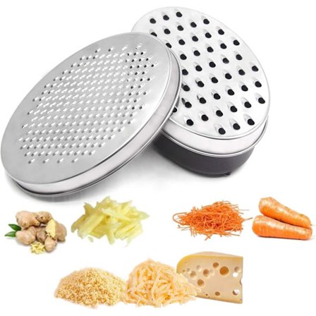 Ostehøvl, grøntsagshøvl, ost- og grøntsagsmølle, frugt- og grøntsagshakker, med madopbevaringsbeholder og låg