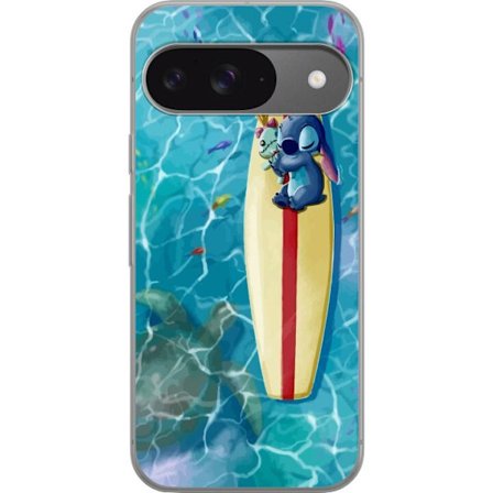 Kompatibel Mobilcover til Google Pixel 9 Afslappende illustration af Stitch der hviler på et surfbræt i klart turkisfarvet vand
