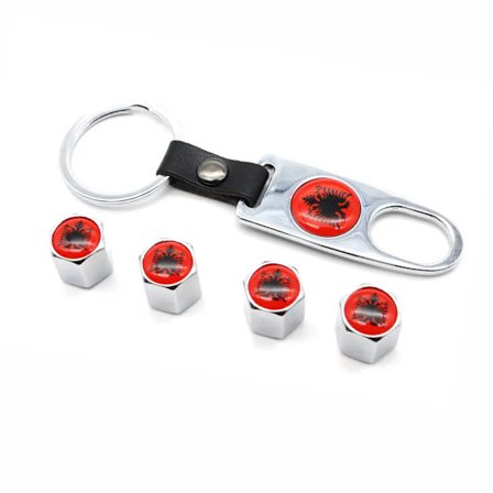 4 stk. Albanias flagg bilhjul dekkventilhetter luftdeksel i sinklegering + 1 stk. skinnspenne skiftenøkkel biltilbehør ventilstammhetter