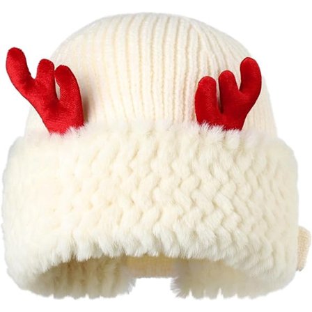 Lue - Varm strikket lue - Vinterluer med reinsdyrgevir for kvinner - Varme juleluer - Kvinner (Hvit)