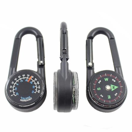3-i-1 Dobbeltsidet Mini Kompas Karabinhage Termometer Til Udendørs (2 stk., Sort)