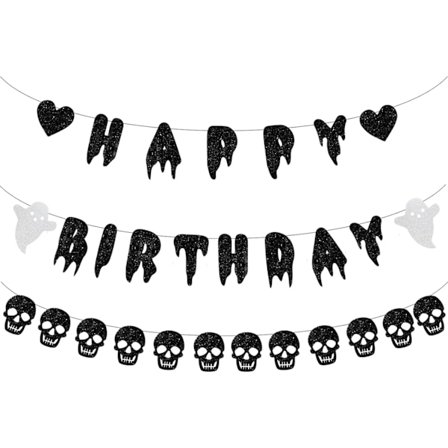 Halloween Hyvää Syntymäpäivää Banneri - Musta Glitter Pääkallo Seppele Kummitus Syntymäpäivä Koristeet Halloween Aave Luuranko Teemajuhlatarvikkeet