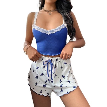 Dam pyjamas set nattkläder 2 delar cami shorts set V-ringad pyjamasshorts med spets