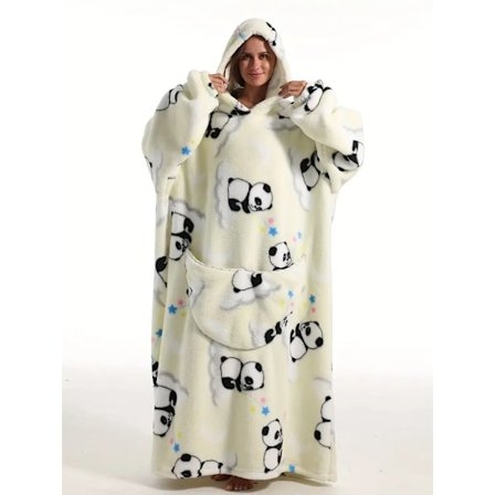Plus Size Oversized Fleece Hooded Wearable TV-filt, Dam Plus Söt Panda Mönster Fluffy Mysig Flanell Loungewear Robe Med Ficka