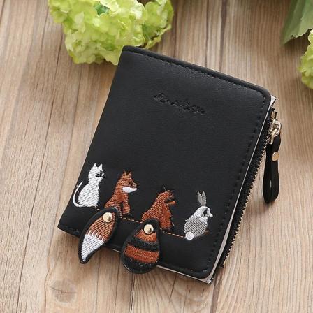 Kvinnelig Rev Broderi Mini Veske Lommebok Mynt Foto Kort Holder Black