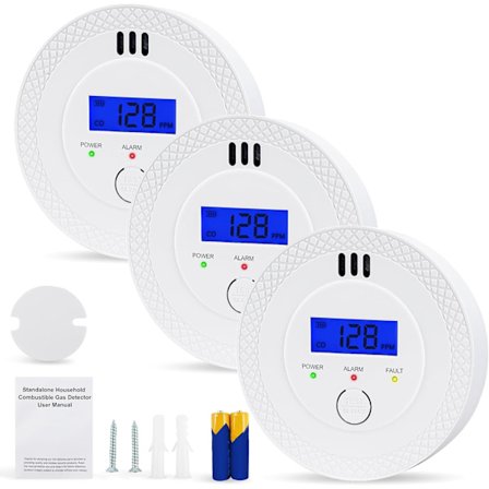 3-pack - Kolmonoxiddetektor, 85 dB CO-larm, AA-batteridriven med datavisning och blinkande ljus, enkel att montera för rum, kontor