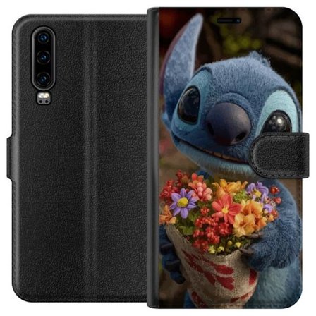 Kompatibel Tegnebogsetui til Huawei Huawei P30 Sød blå figur med store øjne, der holder en farverig buket i en varm og kær stil