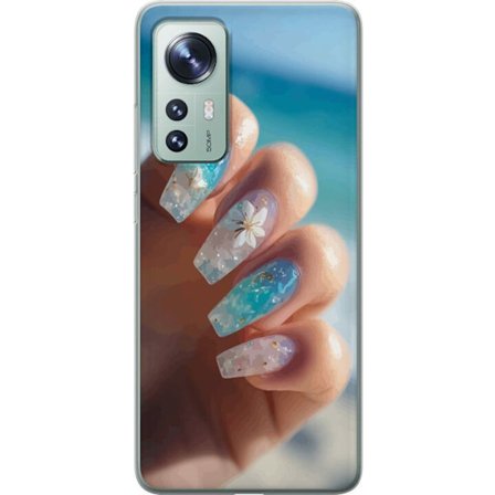 Kompatibelt Mobilskal till Xiaomi Xiaomi 12 Blå naglar med glitter och blomma – Havsinspirerad nageldesign