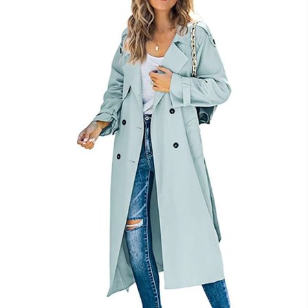 Dobbeltbrystet lang trenchcoat til kvinder, vindtæt klassisk tynd jakke GRØN